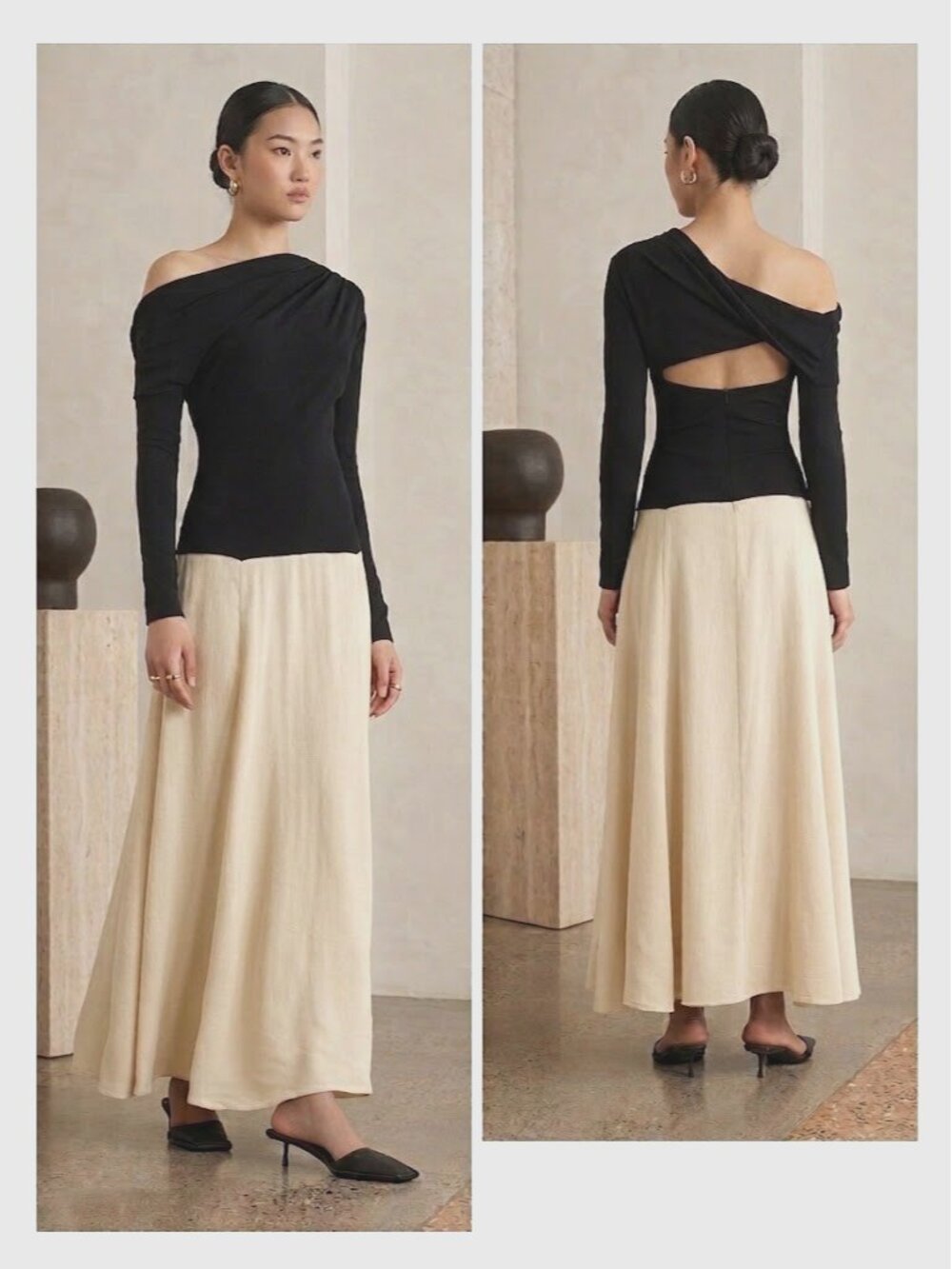 ESSE Studios Dasha Duo Off Shoulder Twist Back Maxi Dress US 8 AU 12 Black Beige